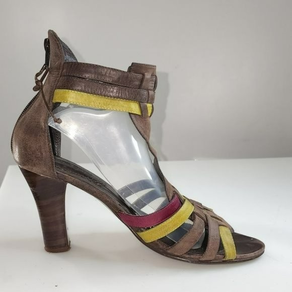 Vintage Style Brown Real Leather Peep‎ Toe Block Heel Strappy Gladiator Sandals - Picture 12 of 16